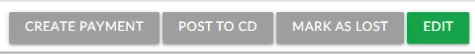Buttons on a real Leader CRM order: Create payment, Post to CD, Mark as lost, Edit.