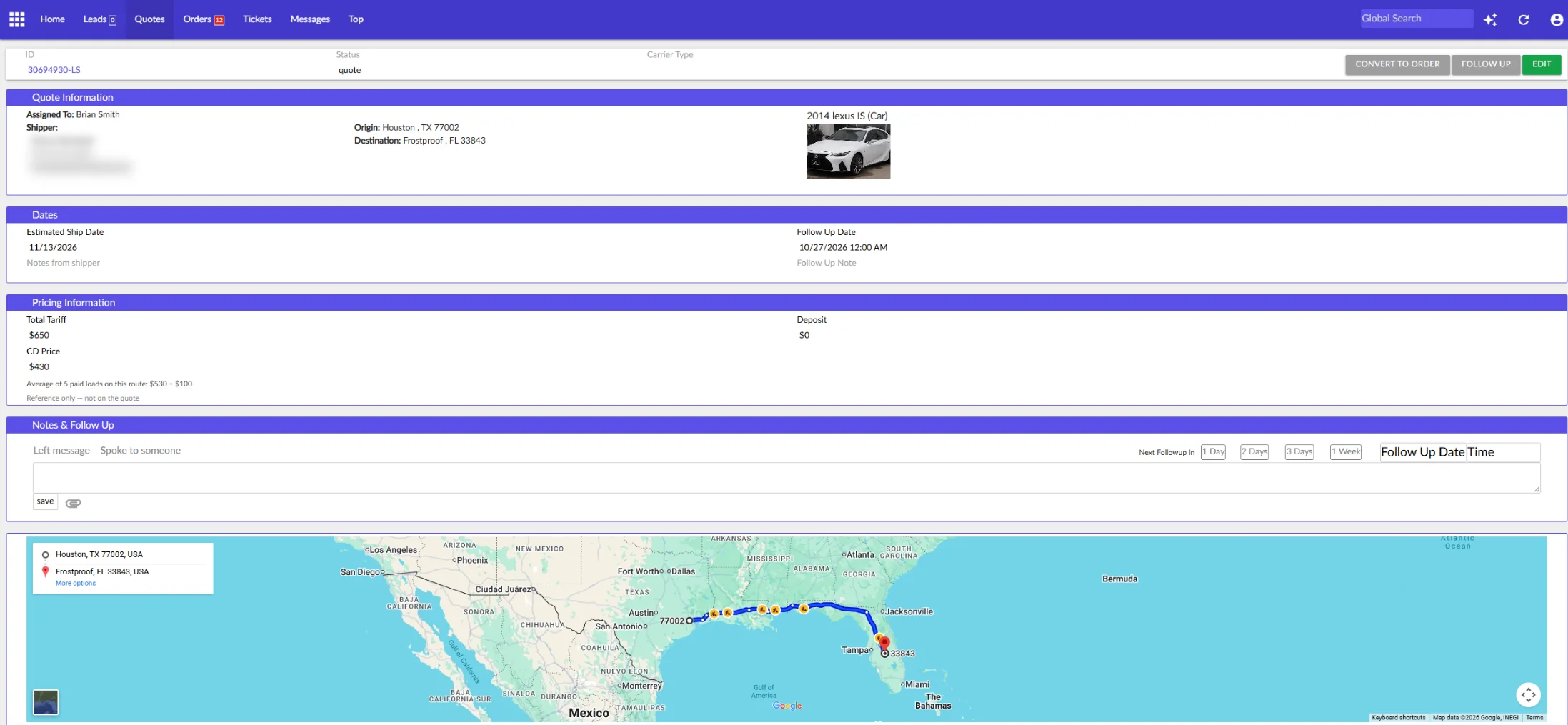 Leader CRM quote page for a 2014 Lexus IS from Houston, TX to Frostproof, FL: tariff $650, CD price $430, route map. Customer details blurred.