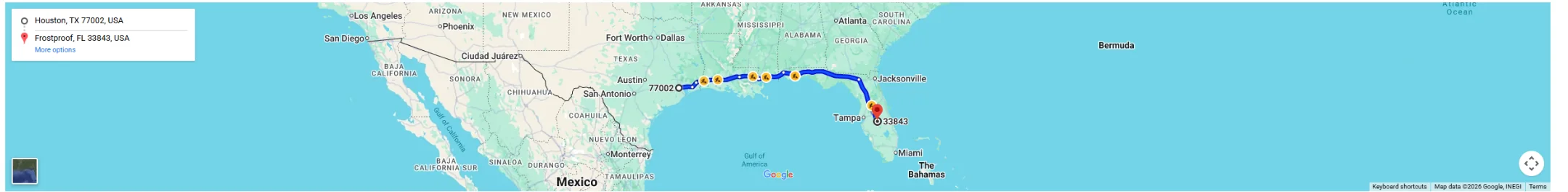 Route map on the same Leader CRM quote: Houston, TX to Frostproof, FL with miles and drive time.