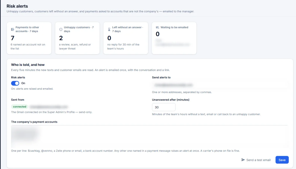 Leader CRM risk alerts settings: payments to other accounts, unhappy customers, left without an answer, who is told and how, the company payment accounts list. Addresses blurred.